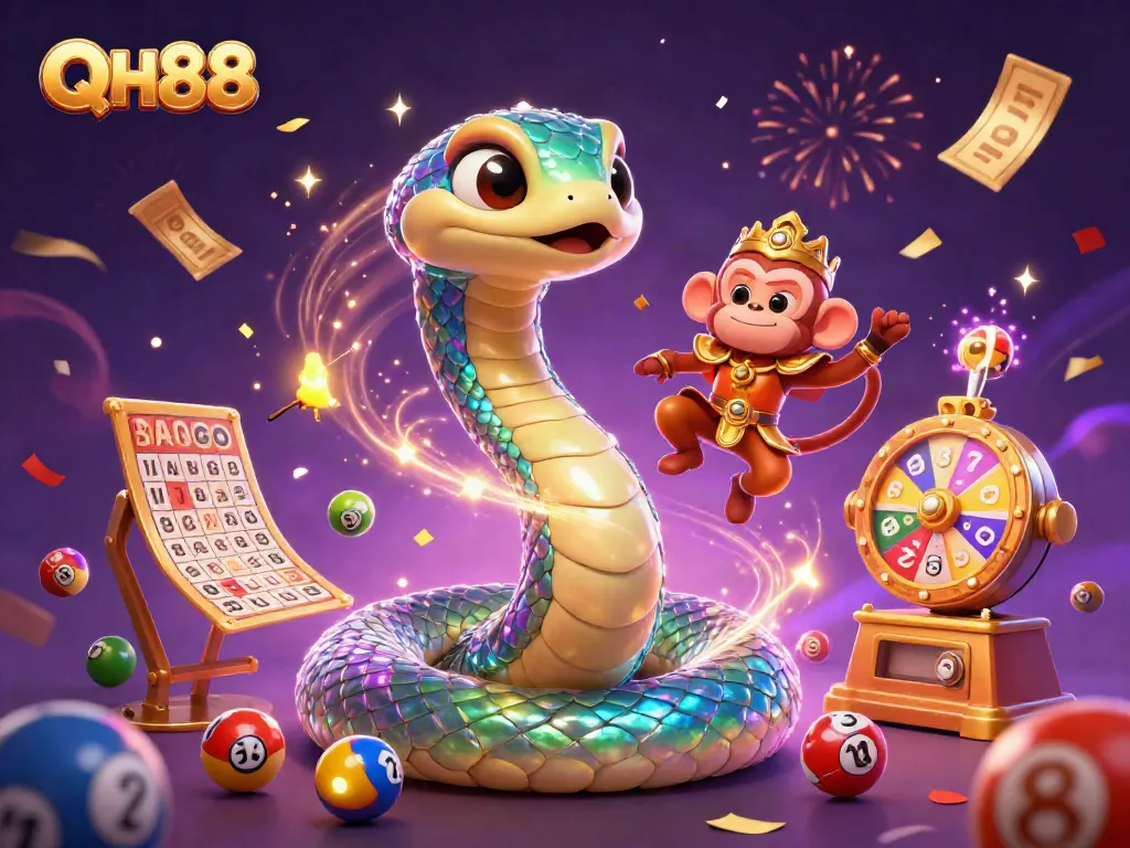 Experience QH88's thrilling gaming atmosphere with a rainbow serpent and vibrant prizes in this engaging illustration.