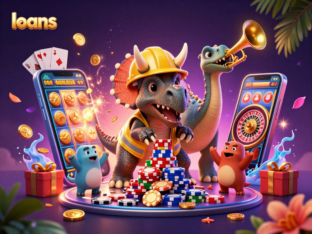 Engage in thrilling loans gameplay with a vibrant casino scene featuring poker chips and colorful slot machines.