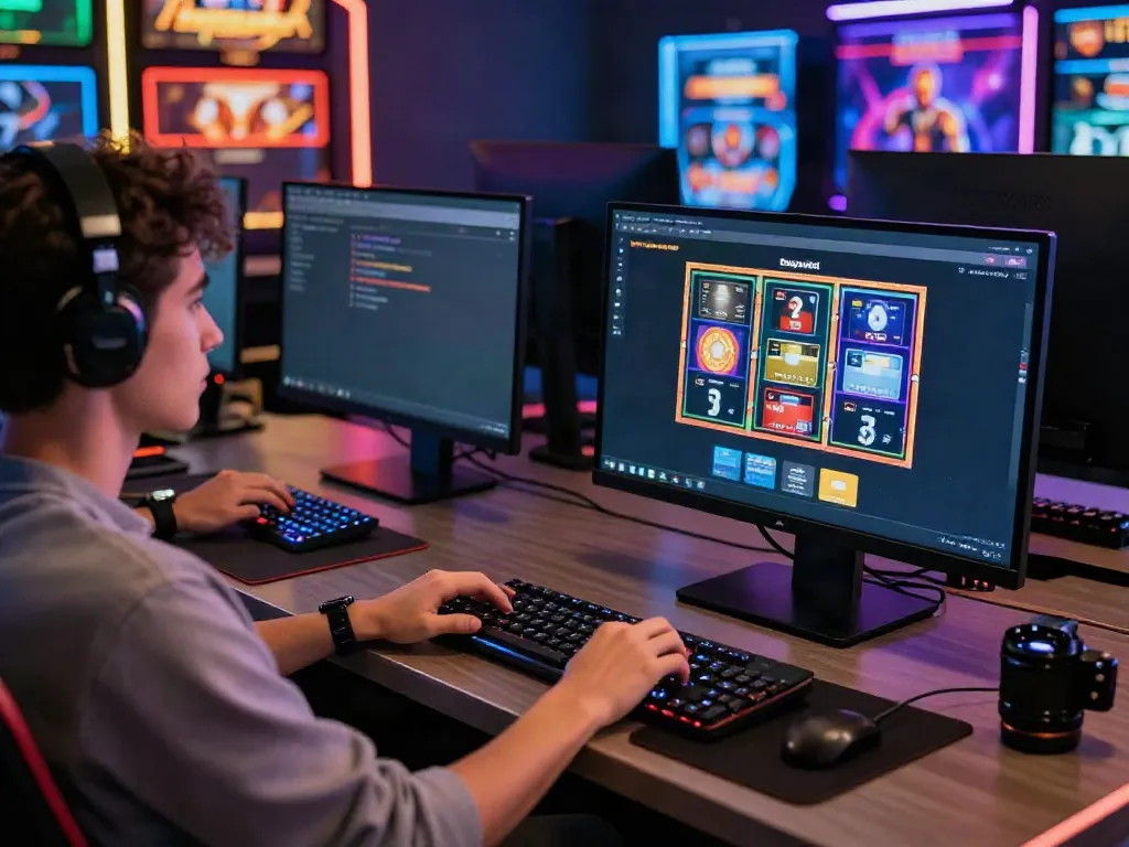 Engaging online credit card casinos gaming scene with a player at a modern desk enjoying colorful slot games on a high-resolution screen.