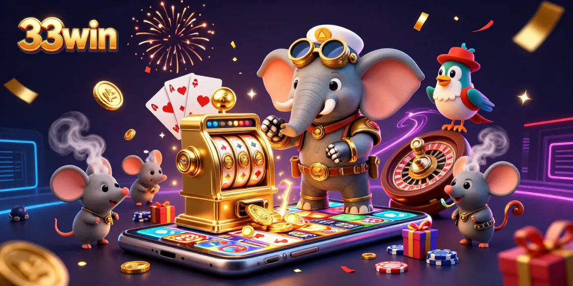 Experience the excitement of 33win with a steampunk elephant playing a golden slot machine surrounded by dazzling casino elements.