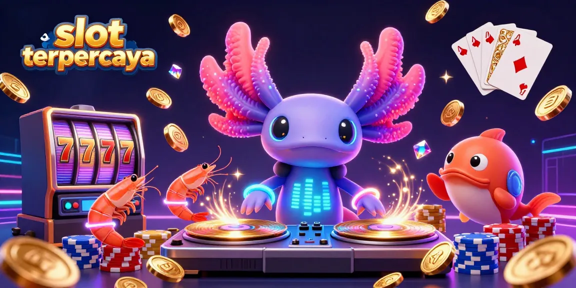 Experience the thrill of slot terpercaya with vibrant axolotl DJ and shrimp crew amidst dazzling casino elements.