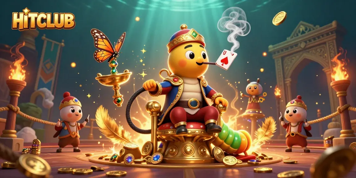 HITCLUB creates thrilling gameplay with a caterpillar casino master amidst golden coins and poker symbols.
