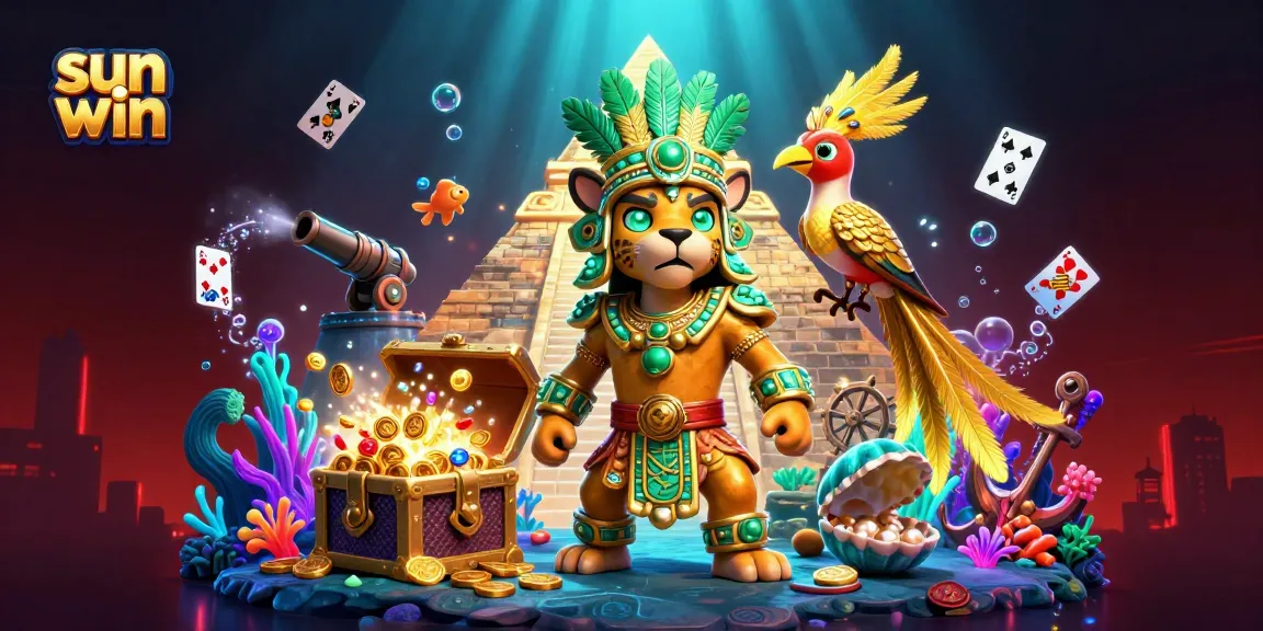 Win big with sun win as an enchanting mayan priest, vibrant colors, and rich casino elements emerging.