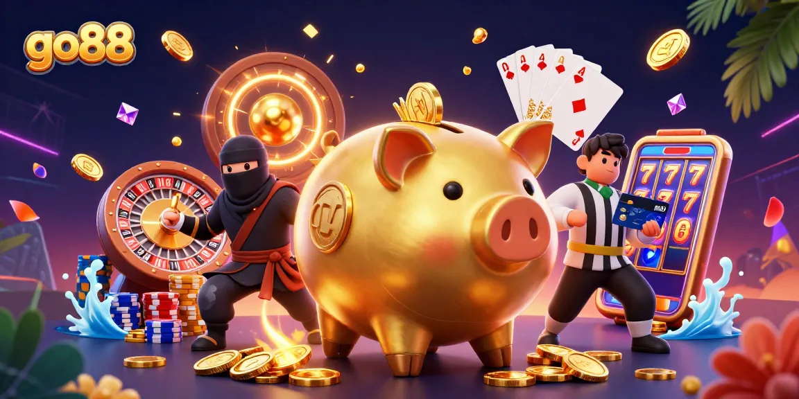 Experience go88 excitement with a golden piggy bank sumo wrestler stomping coins in an epic casino scene.