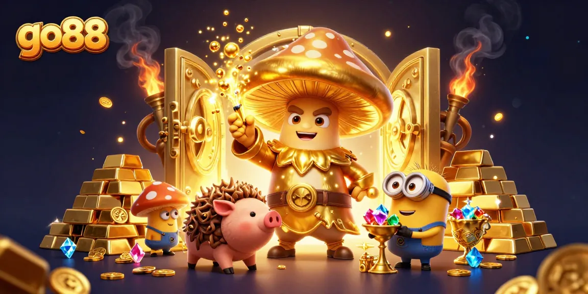 Experience the magic at go88 with golden wizard characters surrounded by treasures and jackpots.